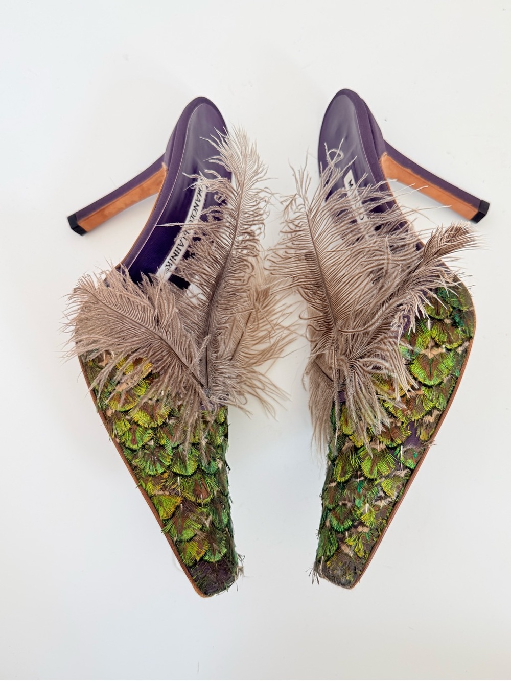 Manolo Blahnik AW97 Rare Peacock Feather Mule Heels Purple Archival 37.5 - Picture 2 of 8